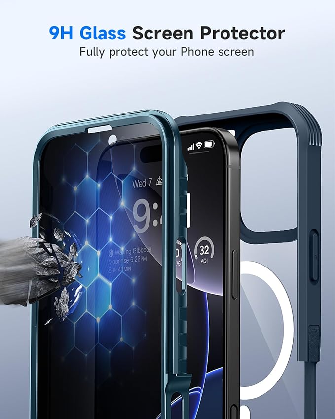 seacosmo for iPhone 16 Pro Max Case, Full Body Bumper with Built-in 9H Tempered Glass Privacy Screen Protector and Camera Lens Protector, Compatible with MagSafe, Shockproof Phone Cover, 6.9", Blue