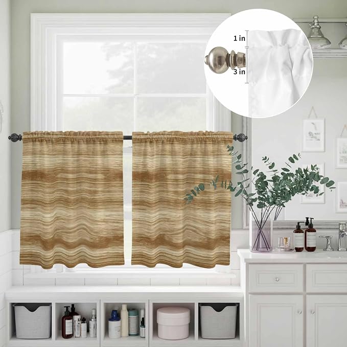 Kitchen Curtains Tiers and Valance Set of 3, Light Brown Wood Grain Light