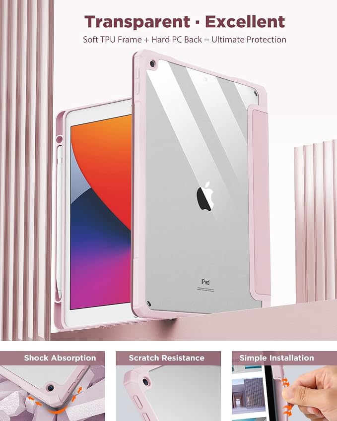 TiMOVO Case for iPad 9th/8th/7th Generation 10.2 inch Black | Pencil Holder Slim Trifold Stand Protective Cover Clear Transparent Back Shell Auto Wake/Sleep