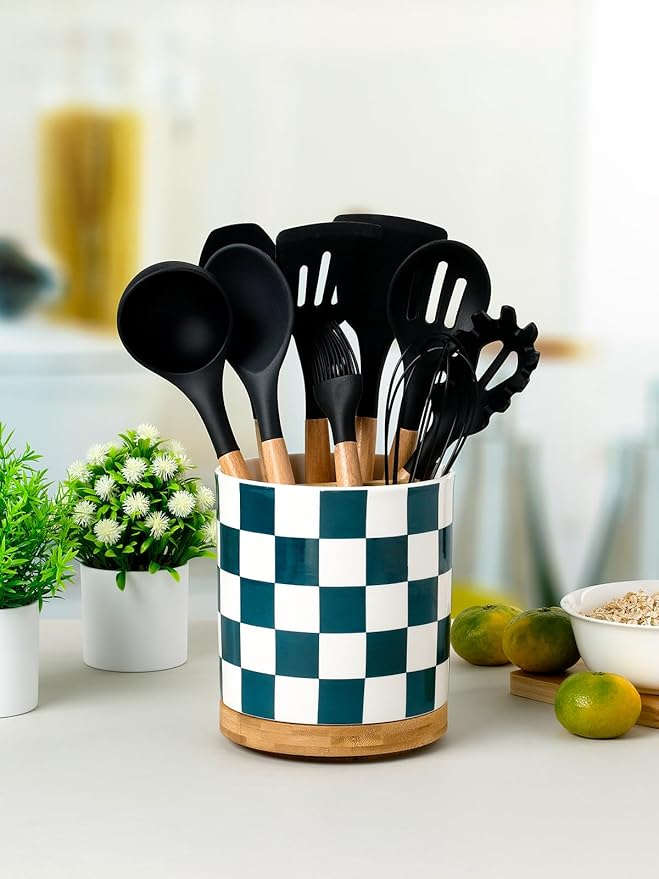 LoeJan 3 Compartment Utensil Holder, Extra Large Utensil Crock, Stable Ceramic Utensil Organizer, Cooking Tool Organizer Set for Kitchen Counter Farmhouse Decor (J-Deep Green(Square))