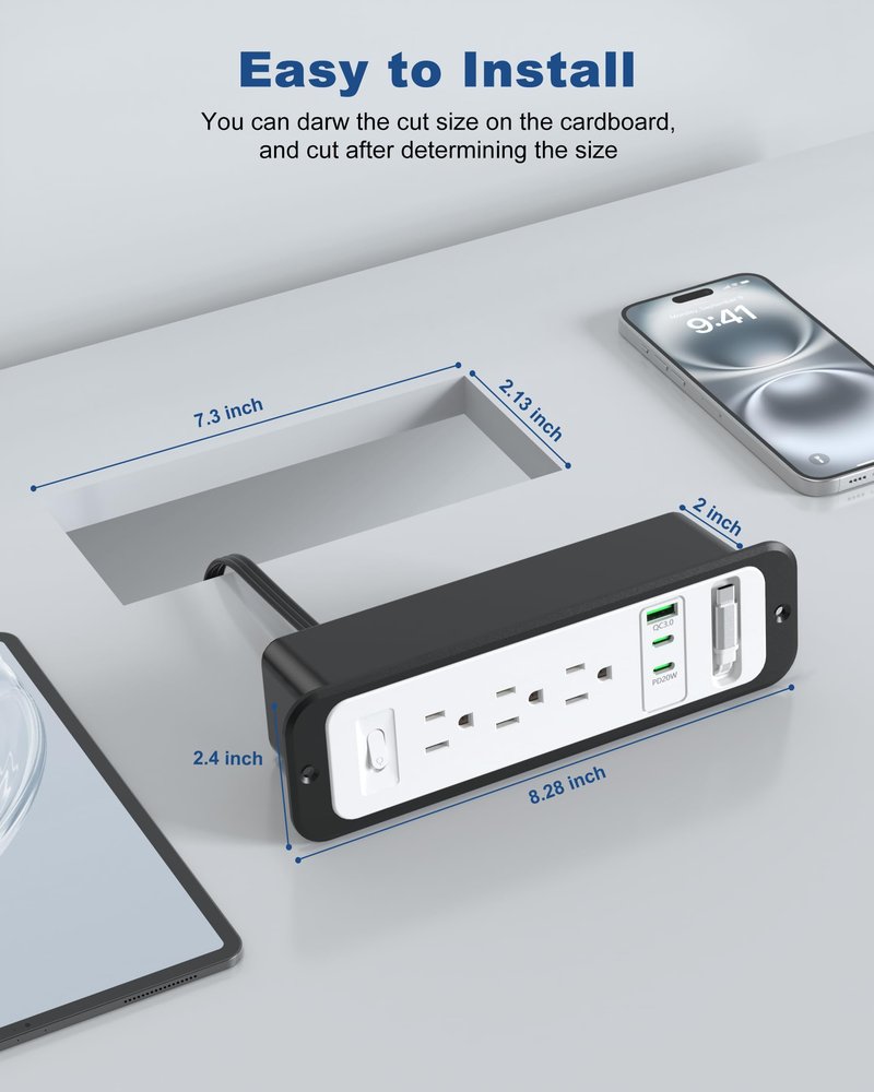 Recessed Power Strip with Retractable USB C Cable,2 PD 20W USB C,Flush Mount Countertop Drawer Outlet, Furniture Hidden Outlet for Side Table,End Table,3 Outlets (White and Black, 6FT-20W)