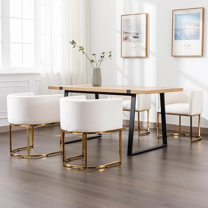 Velvet Dining Chairs Set of 3 Modern Barrel Arm Chairs with Golden Frame, Upholstered Kitchen Chairs 18.5" Wide Accent Chairs for Living Room Dining Room Restaurant, Beige