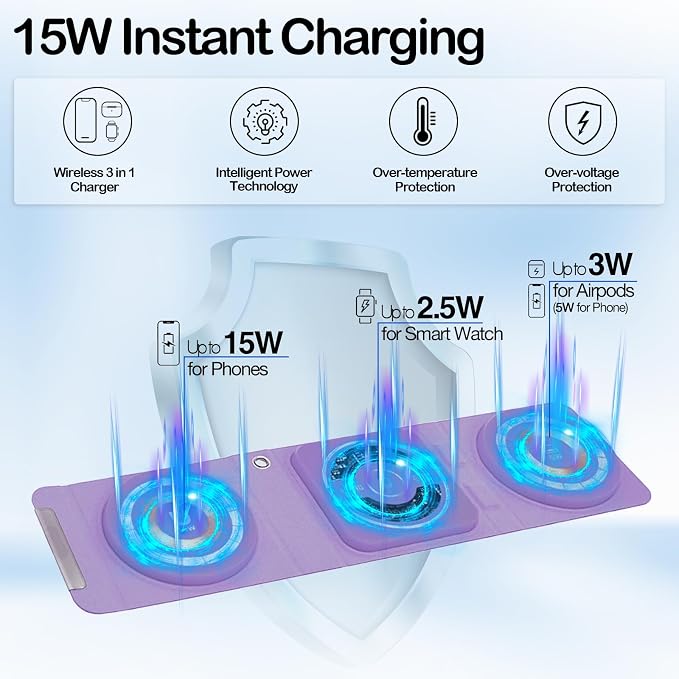 Fold 'N Style 3-in-1 Foldable Magnetic Wireless Charger Keychain 15W Travel Fast Charger for iPhone 15/14/13/12 Pro/Max/Plus Apple Watch AirPods Samsung Galaxy/Note Charge 2 Phones Simultaneously