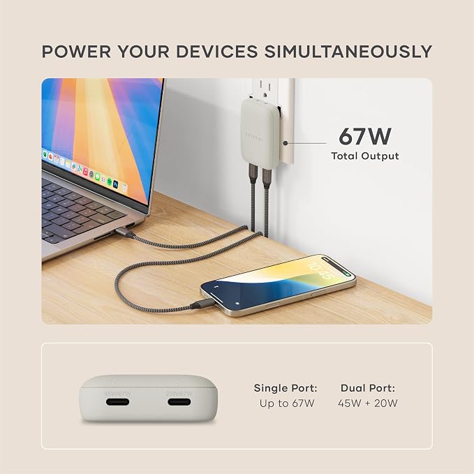Satechi OntheGo 67W GaN Wall Charger PD 3.0 + PPS Dual USB-C Ports Black | Dual USB-C ports 45W+20W split-charging mode fits MacBook iPad iPhone 17 Galaxy Pixel Steam Deck