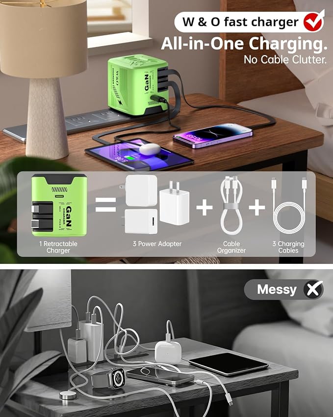 W &amp O 60W GaN Fast Charger Wall Plug Built-in Retractable USB-C &amp L Cables | Retractable Wall Charger with 47.2 Cables One Pull Charging No Cable Mess Solution for iPhone 17/16/15 Galaxy