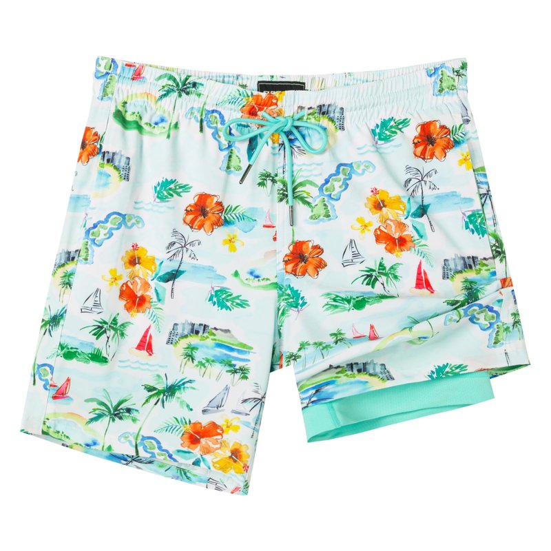 SURF CUZ Mens Swim Trunks with Compression Liner Quick Dry Swim Shorts 7" Swimming Trunks Stretch Bathing Suit Zipper Pockets,Tropical Breezers,XS