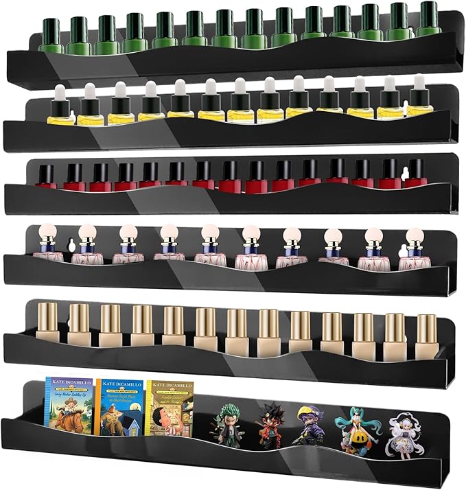 6 Pack Wall Mounted Acrylic Nail Polish Organizer Rack 15 Inch Black Nail Polish Shelf with Removable Ends Multi-Purpose Shelf for Essential Oils Cosmetics Storage Display for Salon Bathroom