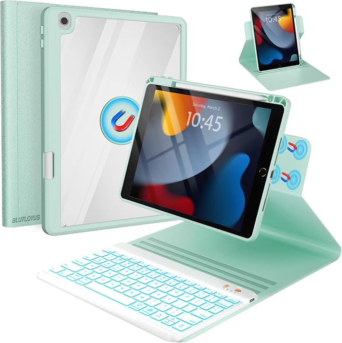BLUTLOTUS Keyboard case for iPad 9th/8th/7th Generation 10.2 Inch - Backlit Wireless Detachable Folio Keyboard Cover with Pencil Holder for iPad 9th/8th/7th Gen Air 3rd Generation 10.5 Inch