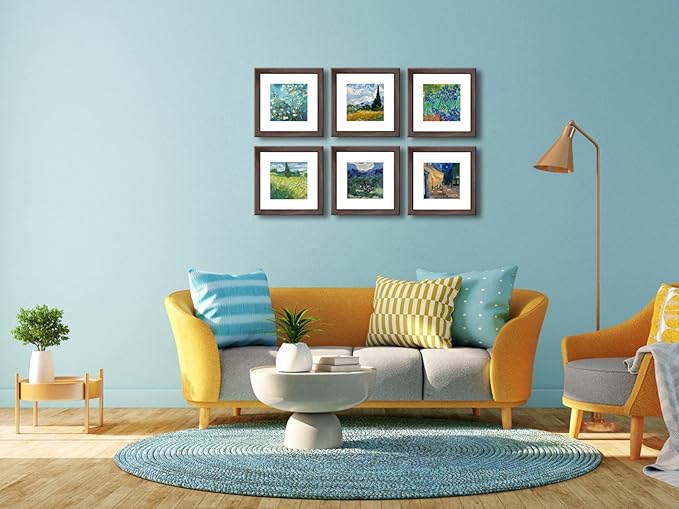 8x8 Walnut Picture Frame Set of 6 with Real Glass for Pictures 5x5 with Mat or 8x8 Without Mat, Wall or Tabletop Gallery Photo Frames