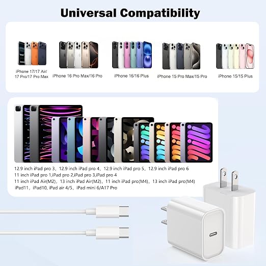 iPhone 17 16 15 Charger Fast Charging 2Pack 10FT Extra Long USBC to C Cable Cord with 20W Apple iPad USB C Fast Charger USB C Wall Charger Block for iPhone 17/16 Pro Max/17 Air/16 Pro/15/15 PlusiPad