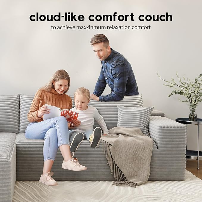 135.4" Cloud Modular Sectional Couch with 1 Ottoman,Modern Minimalist Upholstered Couches, Comfort U Shaped Sofa for Living Room,Deep Seat Corner Couch，No Assembly Required (Grey,Right Facing Chaise)