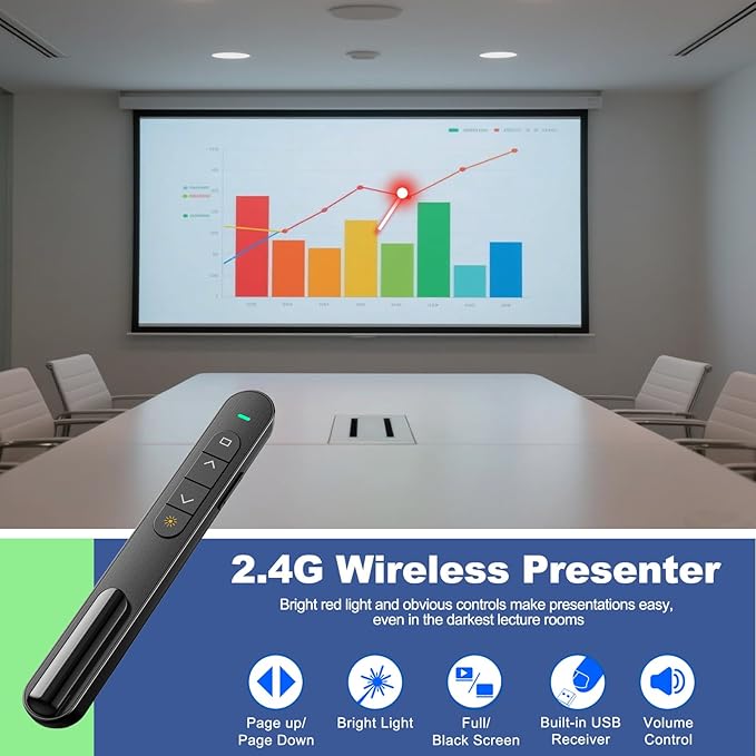 QUI Presentation Clicker for PowerPoint, RF 2.4GHz USB Wireless Presenter Remote with Volume Control, PowerPoint Clicker Slide Advancer for Mac, Windows, Laptop, Keynote
