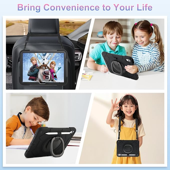 for iPad (A16) 11th Generation case 11''(2025)/10th Generation case 10.9''(2022)360°Rotatable Stand with [Pencil Holder&ampShoulder Strap] Heavy Duty Shockproof Protective Silicone Case (Black)