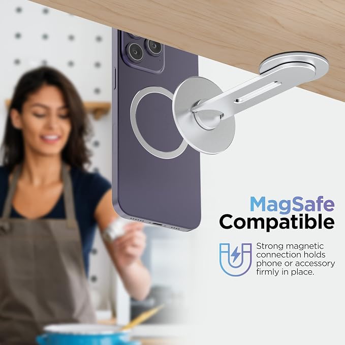 GALVANOX Magnetic Phone Holder Fold-Away Swivel Stand Compatible with MagSafe for iPhone 12131415 16 Pro Max | Bedroom Nightstand Desk Kitchen and More (Low Profile Sidemount/Under-Mount)