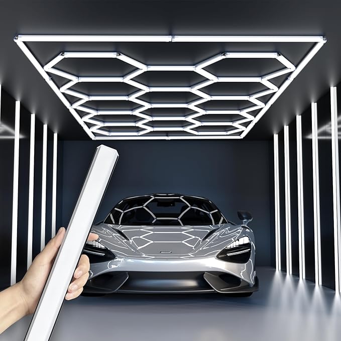 Ultra Bright Hexagon Garage Lights.750W 108000LM 6500K Hexagon LED Light with Rectangle Frame.14-Grid Honeycomb Lights with 1.33" Wide-Angle Lighting Surface for Garage, Basement(Black border)