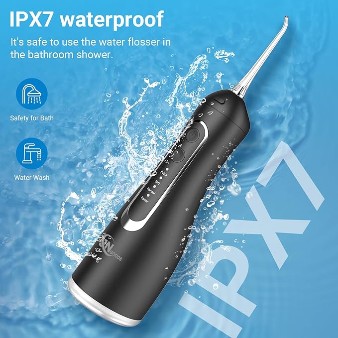JNGOODS Cordless Water Dental Flosser Oral irrigator,JNGOODS 300ml Rechargeable Water flosser for Teeth IPX7 Waterproof 4 Modes Portable Oral Irrigator with 4 Jet Tips, Travel Home use