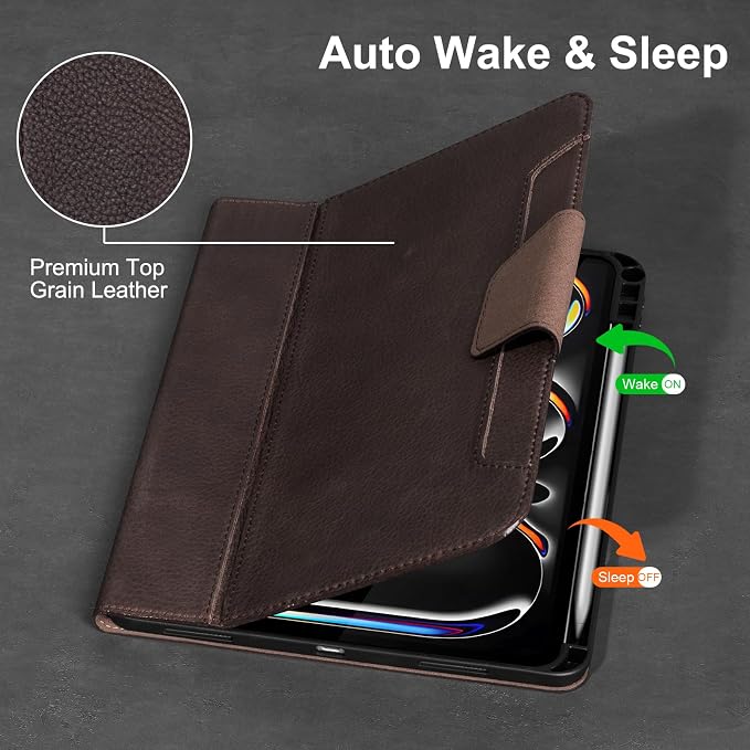 Gexmil Leather Case for iPad Pro 11 Inch M5/M4 2025/2024Crocodile Brown | Genuine Leather CoverPencil HolderMagnetic ClosureSmart Folio Auto Sleep/WakeProtectiveAdjustable Stand