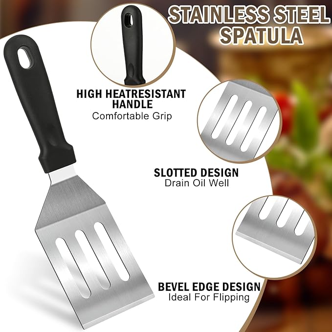 Stainless Steel Spatula Set 4 Pcs, Solid & Slotted Turner with Small Spatula and Half-Moon Scraper – Silicone Handle Kitchen Utensils for Cooking, Flipping & Baking