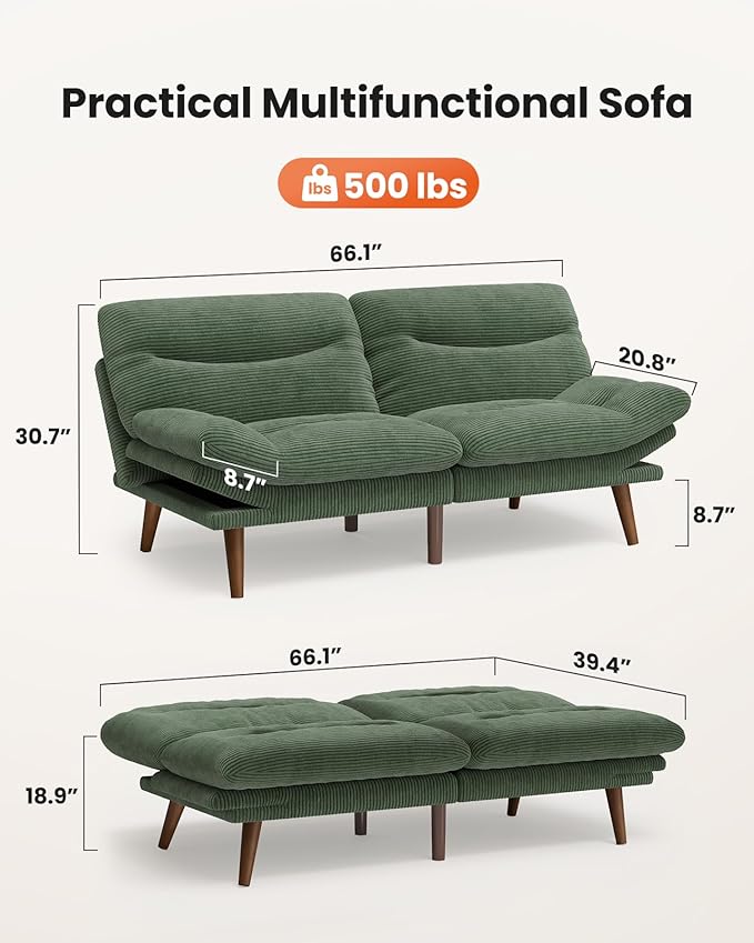 AMADA 66"Convertible Futon Sofa Bed, Corduroy Folding Futon Set with Adjustable Backrest &Armrests, Recliner Lounge for Living Room, Apartment or Office, Solid Wood Frame, Loveseat Sofa -Forest Green