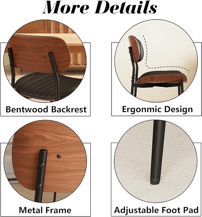 Modern PU Leather Dining Room Chairs Set of 4, Upholstered Kitchen Chairs with Walnut Bentwood Back and Metal Legs Adjustable Feet for Kitchen Dining Room(Balck)