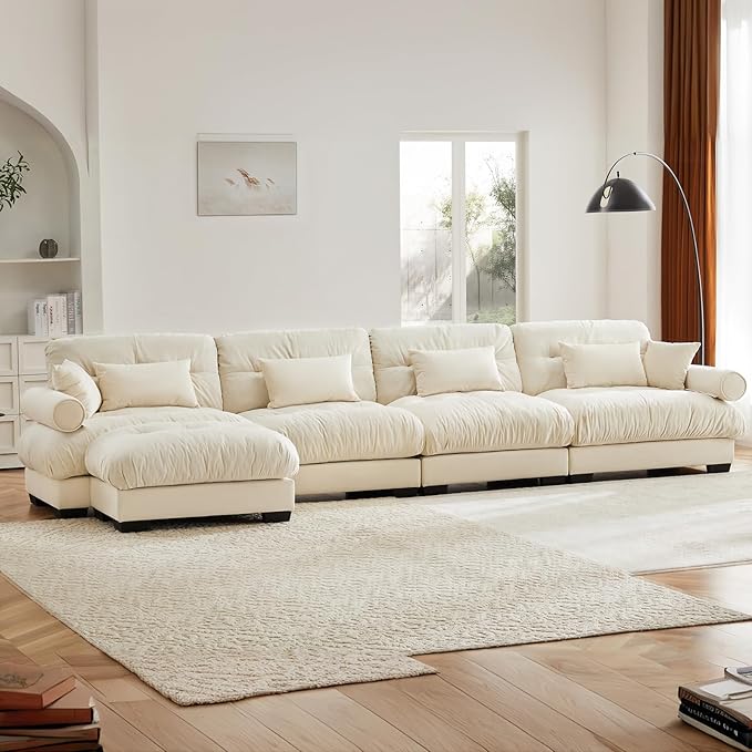 Beige White Ottoman for Modular Sectional Sofa, Single Sofa, Ottoman Seat for Convertible Sectional, Velvet Sofa Couch for Living Room, Bedroom, Apartment