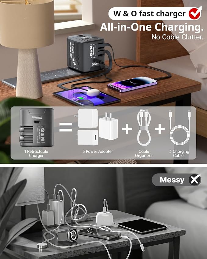W &amp O 60W GaN Fast Charger Wall Plug Built-in Retractable USB-C &amp L Cables | Retractable Wall Charger with 47.2 Cables One Pull Charging No Cable Mess Solution for iPhone 17/16/15 Galaxy