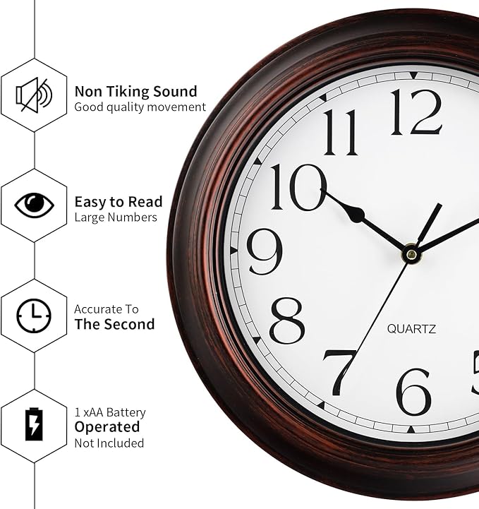 KECYET 12 Inch Wall Clocks Battery Operated Silent Non-Ticking Wall Clock Vintage Retro Rustic Style Decorative for Living Room Kitchen (Bronze)
