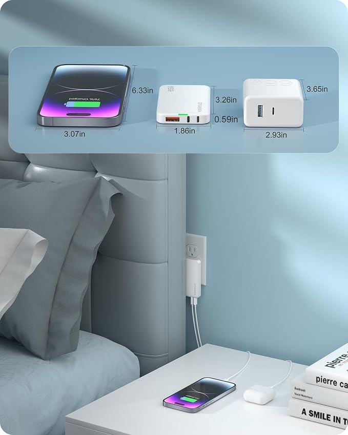 Flat USB Wall Charger 3 Ports Ultra-Slim Fast Wall Charger for Pixelbook iPad Pro iPhone 17/16/15/14 Black
