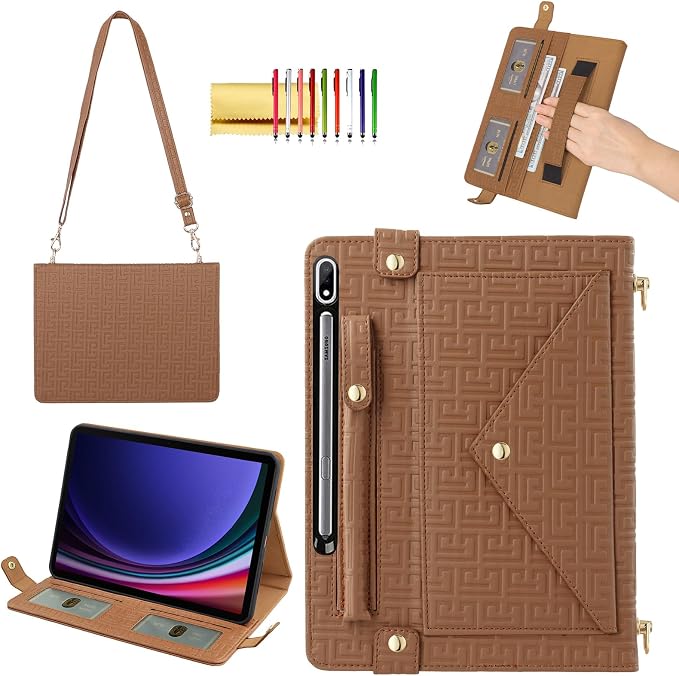 Handbag Case for Samsung Galaxy Tab S10 FE/S9 FE 10.9/S9/S8/S7 11 Techcircle Folio Stand Crossbody Wallet Protective Cover with S Pen Holder &amp Card Slots Hand Strap &amp Shoulder Strap Black