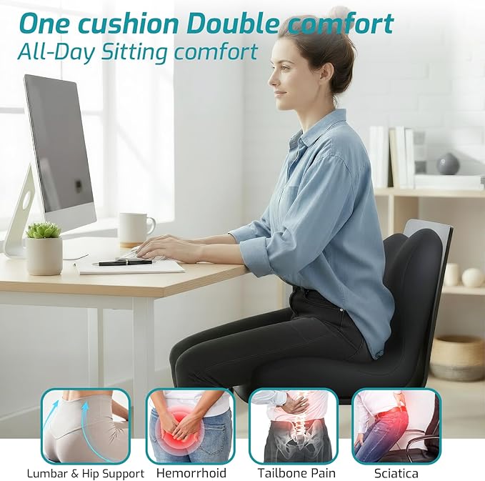 Memory Foam Seat Cushion,Office Chair Cushion with Lumbar Support for Back Pressure Relief,Sciatica,Non Slip Car Seat Cushion with Strap,Pad Orthopedic Cushions for Car,Truck,Desk (D-Black)