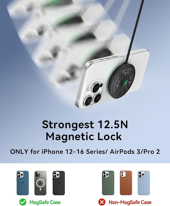 INIU Magnetic Wireless Charger Qi2 15W Fast Charging Pad Travel Charger | MagSafe-Compatible with LED Light Cooling Fan Smart Protection for iPhone 17-12 Series AirPods 4-2(20W Adapter Included)