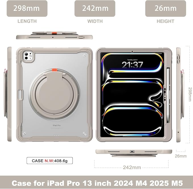 Batianda HaloCarry Case for iPad Pro 11 inch 2025 M5 2024 M4 Lavender Grey | Lightweight Dual-Layer Rugged Case with 360° Rotating Carry Ring Handle Stand and Pencil Holder Reinforced Corner Defen