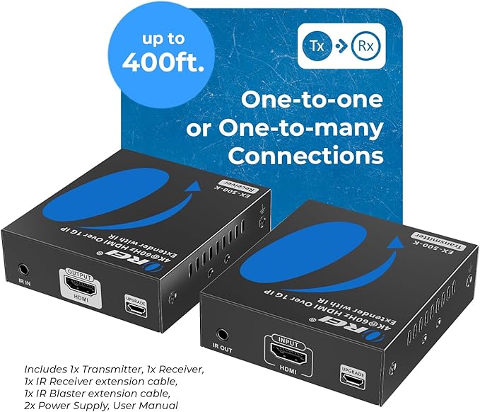 OREI 4K HDMI Extender Over IP CAT6 - 4K@60Hz One to Many Upto 400 Feet, Loop Out - Send to Multiple Location Over 1G Switch (EX-500-K)