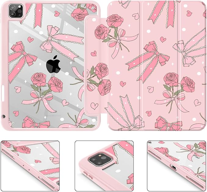 Tuiklol for iPad Pro 11 Inch 4th / 3rd / 2nd / 1st Gen (2022 2021 2020 2018) Case -Built-in Pencil Holder Shockproof Cover Clear Transparent Back Shell with Auto Wake/Sleep Black Flower