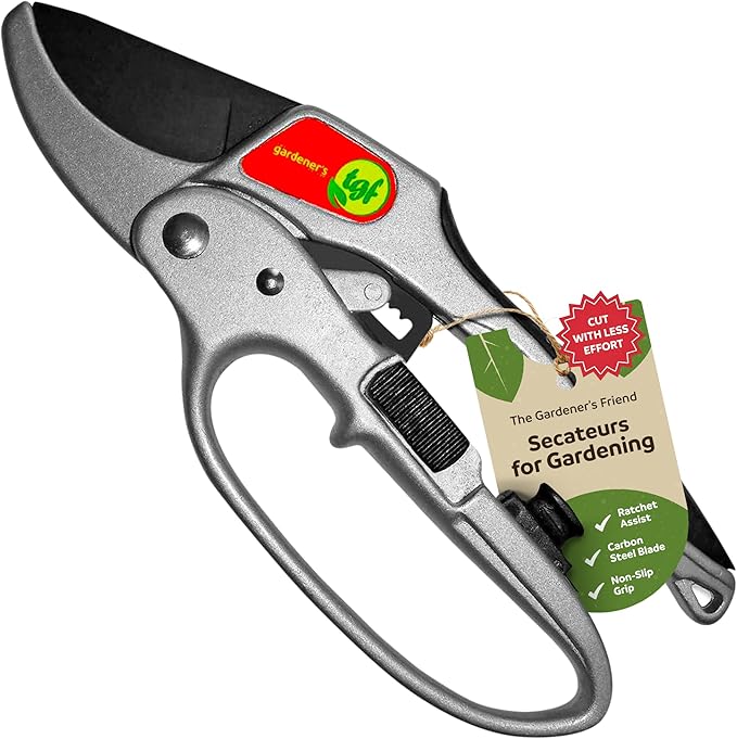 Ratchet Pruning Shears Gardening Tool – Anvil Pruner with Assisted Action – Ratcheting Pruners for with Heavy Duty, Nonstick Steel Blade – Garden Tools by The Gardener's Friend