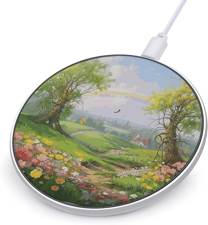 Spring Landscape Wireless Charger 10W Portable Fast Wireless Charging Pad Compatible with Phone Slim Charging Station Lightweight Charger Mat Charging Block for Travel Home Office