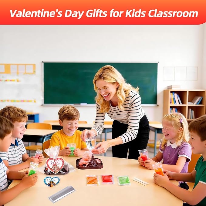 Valentines Day Gifts for Kids Classroom: 24 Pack Erupting Volcano Science Kit with Cards, 4 Lava Colors, STEM Educational Toys for Boys Girls Classroom Exchange Gifts Prizes School Party Favors