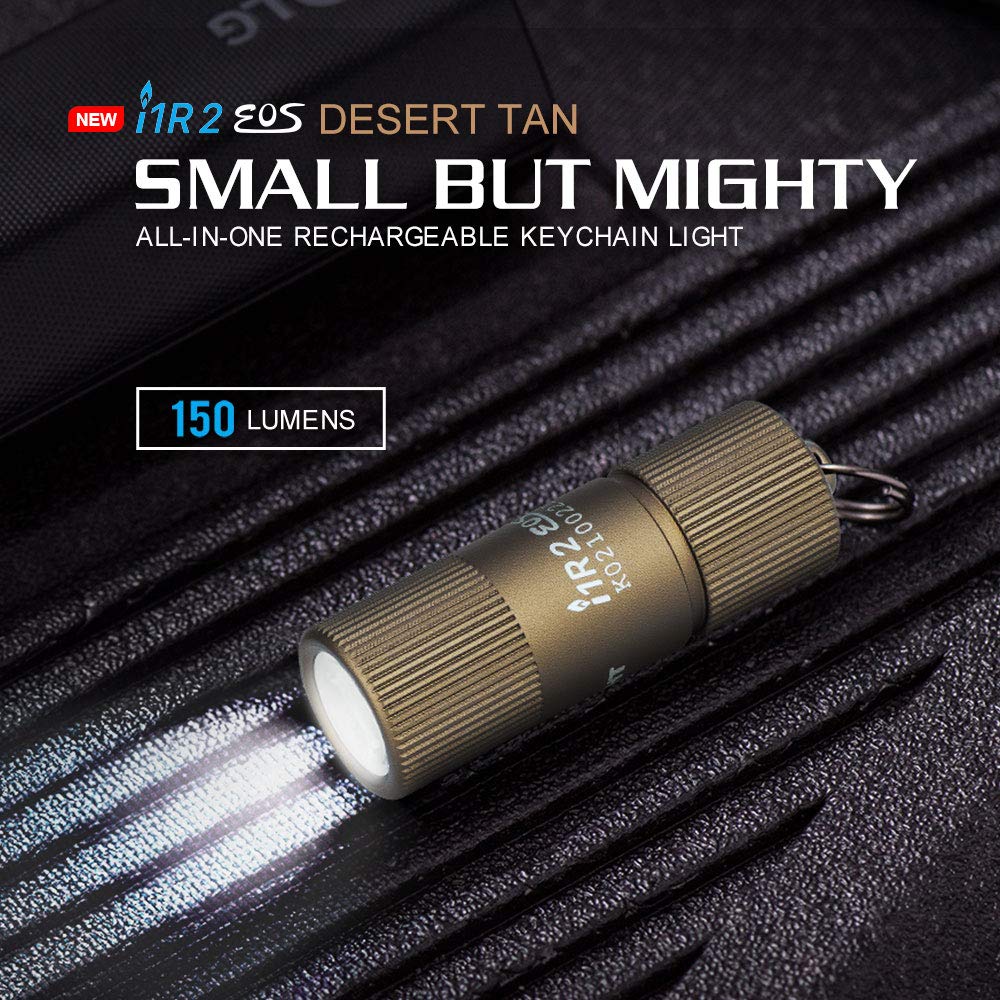 OLIGHT i1R 2 EOS 150 Lumens Tiny Rechargeable Keychain Flashlight EDC Mini LED Keyring Light with Built-in Battery for Camping Hiking Dog Walking etc (Desert Tan)