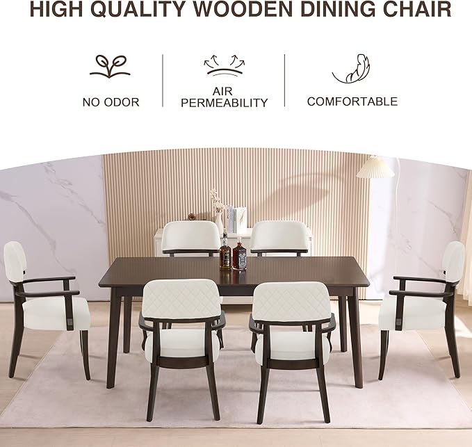 Modern Wood Dining Chairs with Arms Set of 6, Velvet Upholstered Kitchen Chairs with Open Curved Backrest & Black Hardwood Legs, Accent Chairs 350 LBS Capacity, White