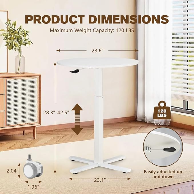 Round Bar Table, Adjustable Height and Rolling Small Dining Table, Dual-Use Cocktail Table with Removable Casters for Bar, Bistro, Café,White