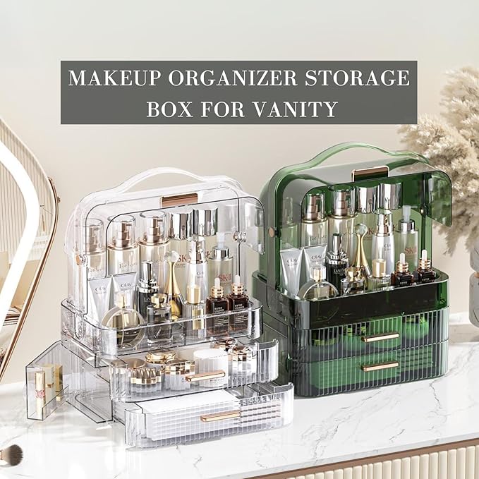 LINFIDITE Cosmetics Storage Box Transparent Lid Large Makeup Organizer Box Drawers Portable Handle Waterproof Dustproof Skincare Display Cases for Countertop, Bathroom, Dresser,Gift Clear Green