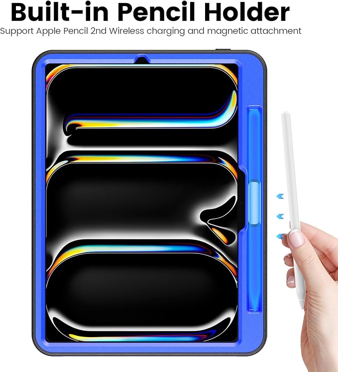 for iPad Pro 11 inch Protective Case M5 2025/M4 2024: Heavy Duty Shockproof Case with Pencil Holder - 360°Rotating Handle/Stand - Screen Protector - Shoulder Strap Black/Sky Blue