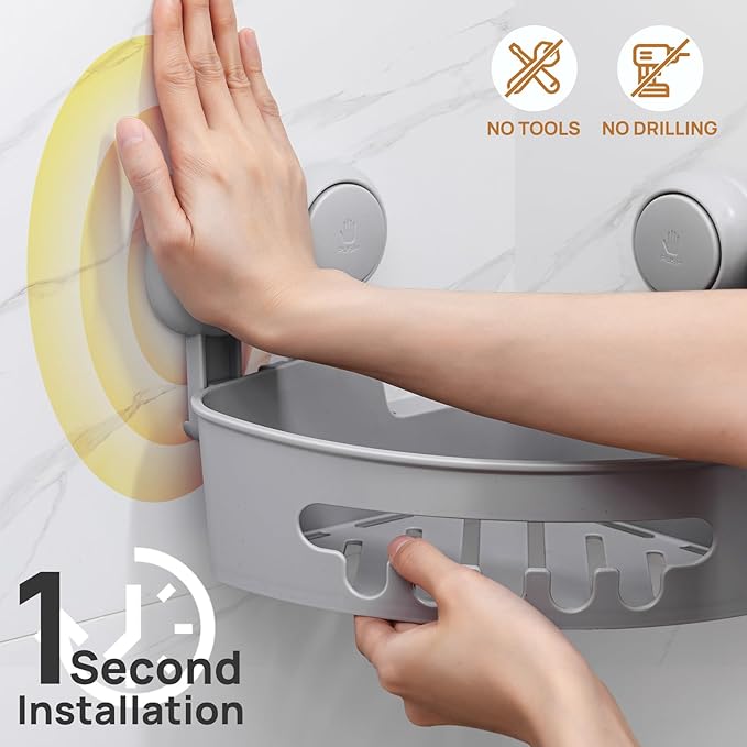 LEVERLOC Corner Shower Caddy Suction Cup, shower shelves suction cup, 2 Pack Basket Powerful Bathroom, Waterproof & Oil-proof Organizer for Kitchen, No-Drilling Removable (Grey)