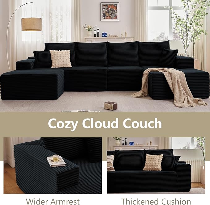 135" U-Shape Cloud Couch, Modern Modular Sectional Comfy L-Shape Sofa with Ottoman, Deep Seat, Upholstered Corduroy Sleeper Chaise Longue for Living Room Bedroom, No Assembly Required, Black