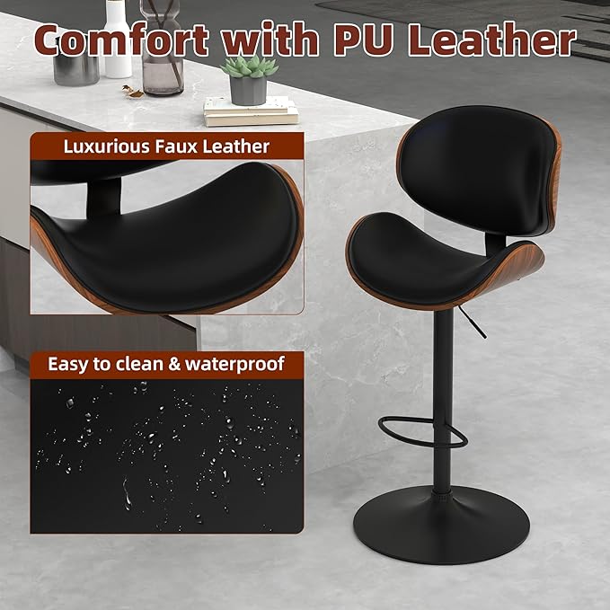 civama Bar Stools Set of 2 for Kitchen Counter, Adjustable Bar Height Chairs, Modern Swivel Barstools with Bentwood Seat and Back with Footrest, for Kitchen Island, Dining Room, Black PU Leather