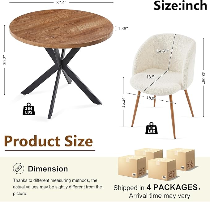 5 Pieces Dining Table Set for 4, 37-Inch Dia Round Home Kitchen Dinner Table with Thick Tabletop, 4 Seated Upholstered Arm Chairs, Faux Wood Round Table with Comfy Barrel Accent Chair