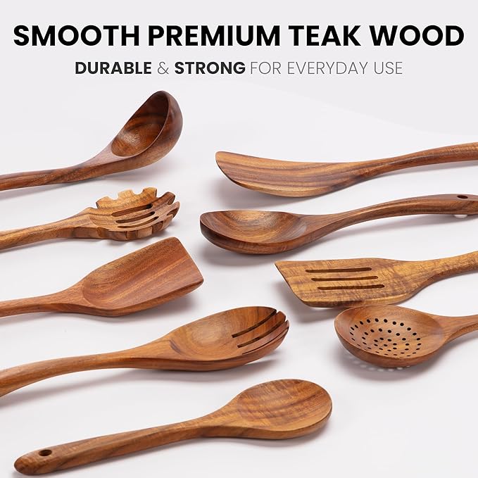 Zulay Kitchen 9-Piece Teak Wooden Utensils for Cooking - Natural Teak Utensil Set with Premium Gift Box - Non-Stick Wooden Spoons for Cooking - Kitchen Gift Set - Comfortable Grip Wooden Utensil Set