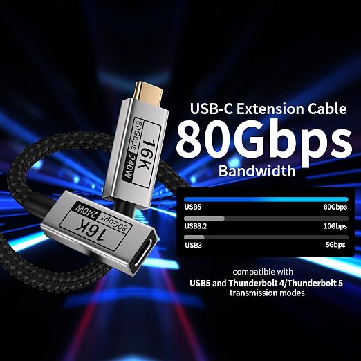 Long USB C Extension Cable 10FT Compatible with Thunderbolt 540Gbps Data &amp 240W Charging 8K@120Hz Video for Display Type C Male to Female Extender for Thunderbolt 4/3 /SSD/USB Hub/Dock