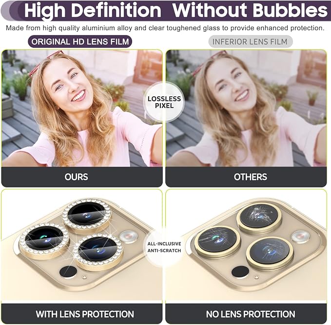Suoman for iPhone 14 Pro Max / 14 Pro Camera Lens Protector [Diamonds Bling] 9H Tempered Glass Full Coverage Metal Protective Cover - Diamond Black