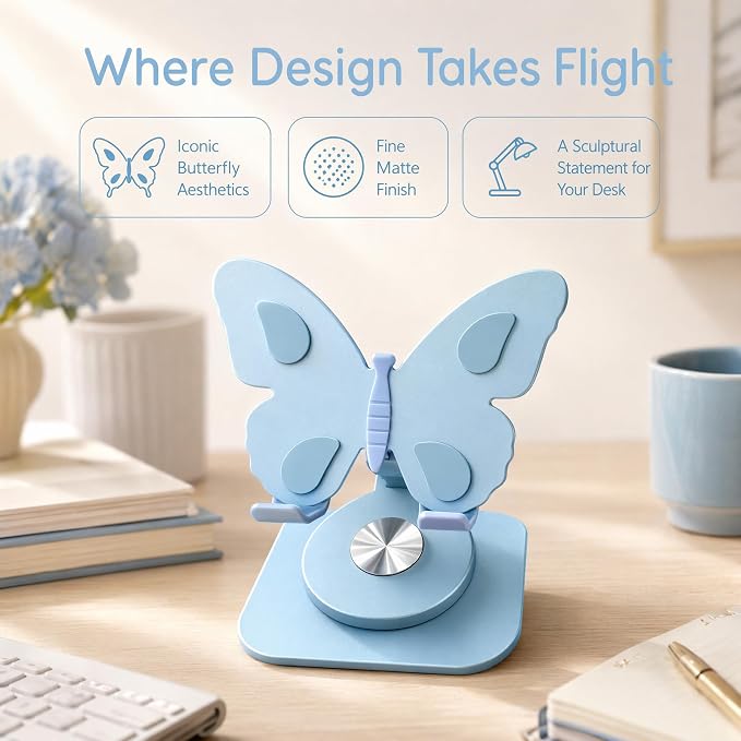 Butterfly Cell Phone Stand for Desk Aluminum Alloy 360° Rotating Phone Holder Height &amp Angle Adjustable Foldable Desktop Dock Universal Anti-Slip for Smartphones Tablets Home Office Travel